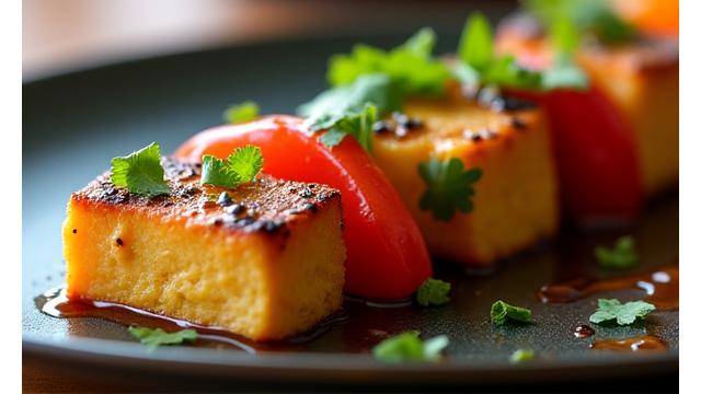 Grilled Asian-inspired tofu and vegetable skewers.