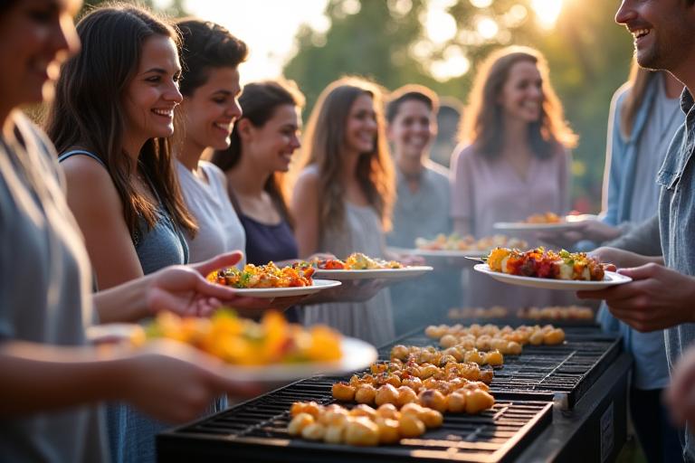 Group of diverse people gathered around a grill, laughing and enjoying grilled plant-based food at an outdoor event.