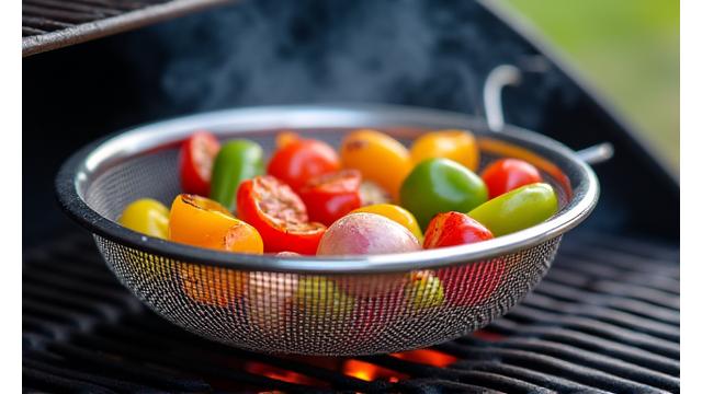 Metallic grill basket filled with small vegetables.