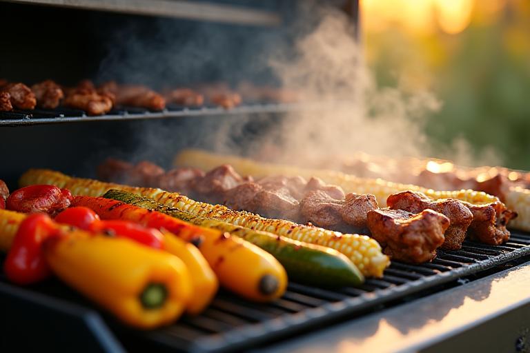 Assortment of beautifully grilled vibrant vegetables and plant-based proteins on skewers and a grill grate, smoking gently.