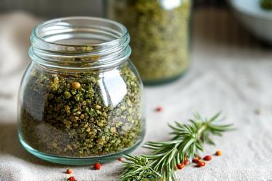 Jar of Mediterranean herb blend, showing dried herbs and spices.