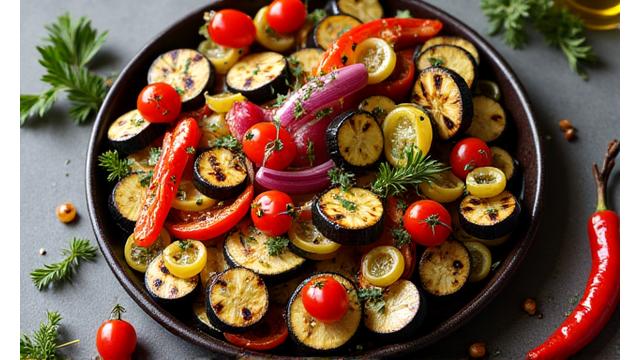 Colorful Mediterranean grilled vegetable platter with herbs.