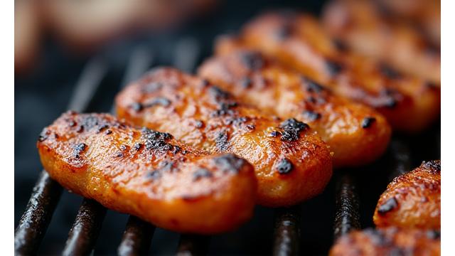 Grilled seitan slices with char marks.