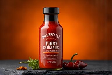 Bottle of vibrant red chipotle marinade.