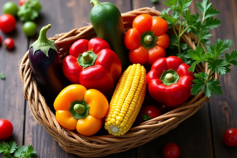 Basket of fresh, seasonal vegetables like bell peppers, corn, zucchini, and eggplant.