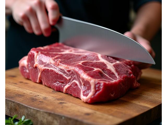 Chef demonstrating how to break down a large cut of wild game meat on a butcher block.
