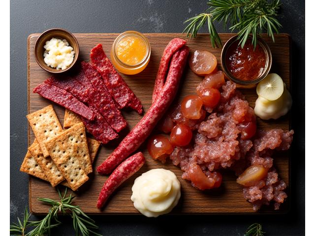 Assortment of homemade wild game charcuterie, including sausages and jerky.