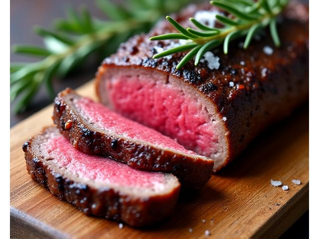 Grilled venison steak on a rustic cutting board.