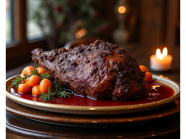 Richly roasted wild game, possibly boar or deer, on a platter with root vegetables, reminiscent of European lodge cooking.
