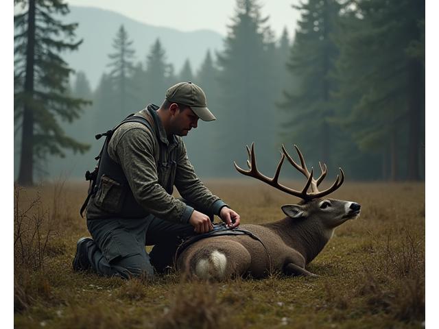 Hunter carefully field dressing a deer in a serene forest setting.