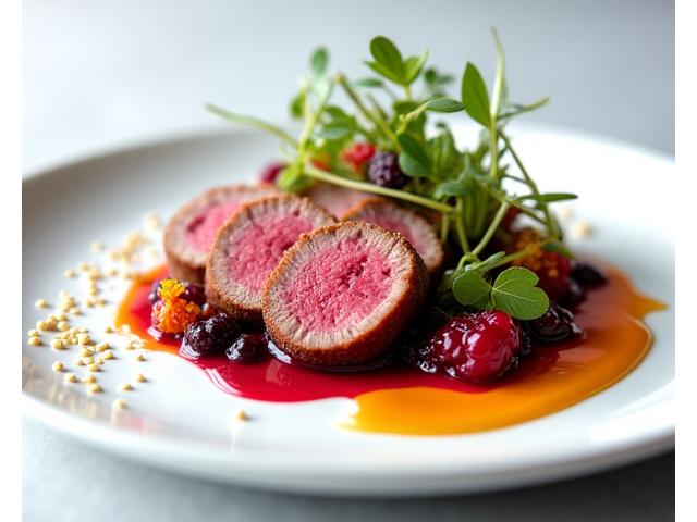 Plate of wild game, perhaps duck breast, with a vibrant, colorful sauce and Asian-inspired garnishes.