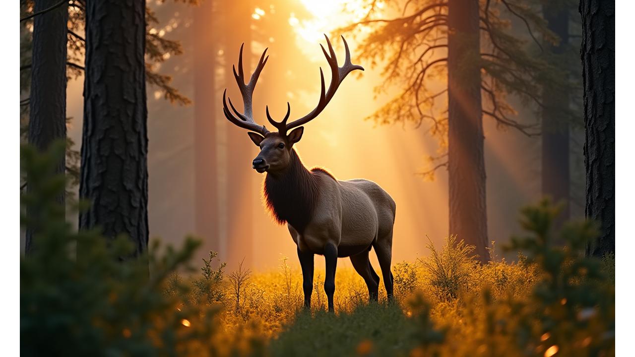 Majestic elk in a pristine British Columbia mountain forest, bathed in golden light.