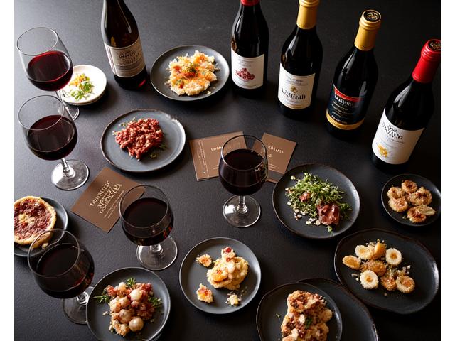 Table with various glasses of wine or craft beer, wild game dishes, and pairing notes.