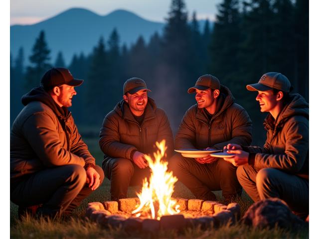 Group of hunters gathered around a campfire, sharing food and stories.