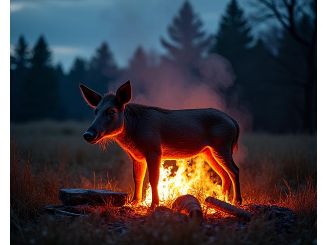 Whole wild game animal, possibly a wild boar or deer, slow-roasting over an open fire.