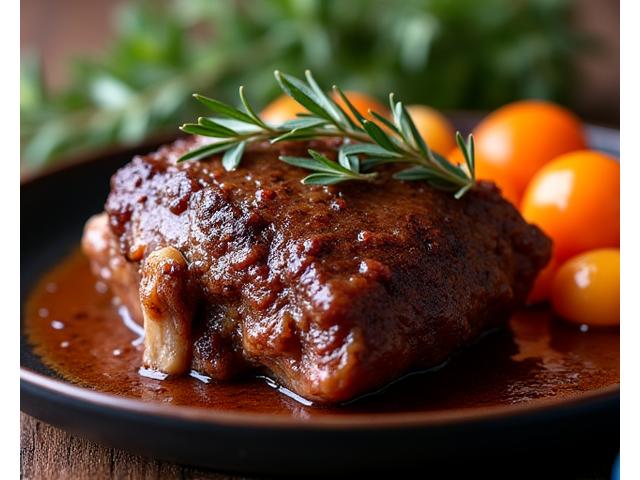Rich, slow-cooked wild boar shoulder with herbs.