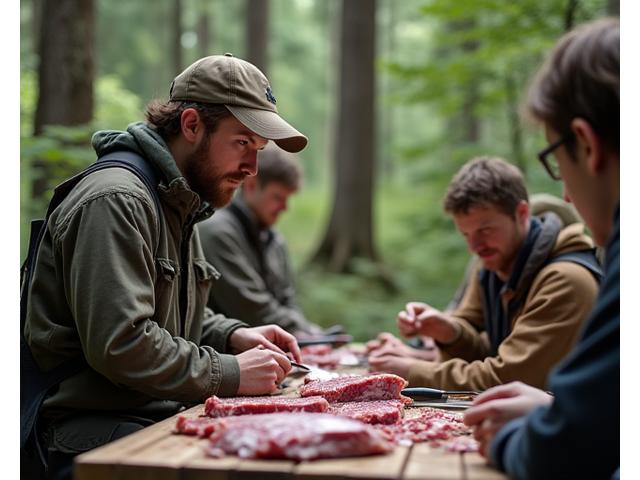 Outdoor workshop in a forest setting, with participants learning about game preparation from an instructor.